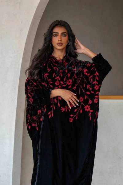 Black velvet abaya with flower embroidery IB258 Red